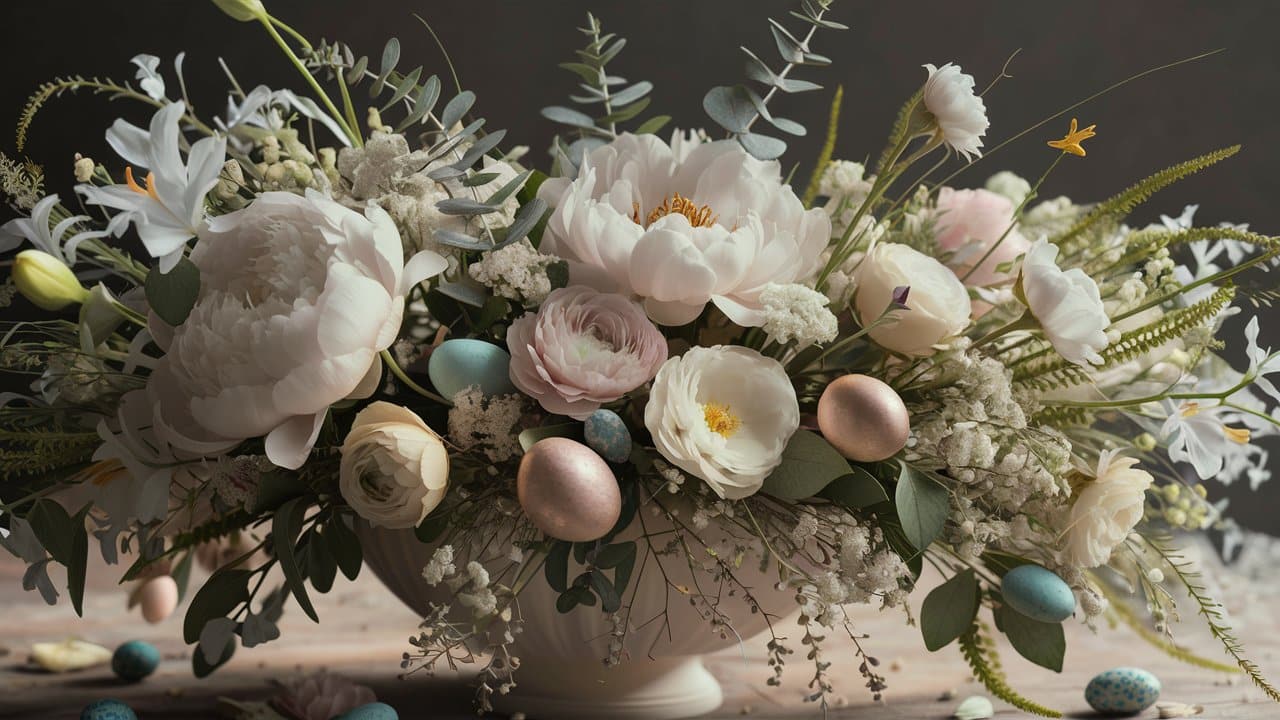 Bouquet fleuri avec œufs colorés.