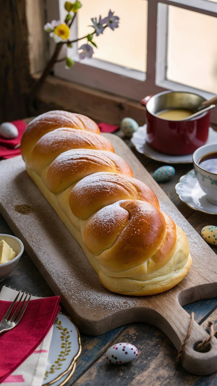 Brioche tressée sur une planche en bois.