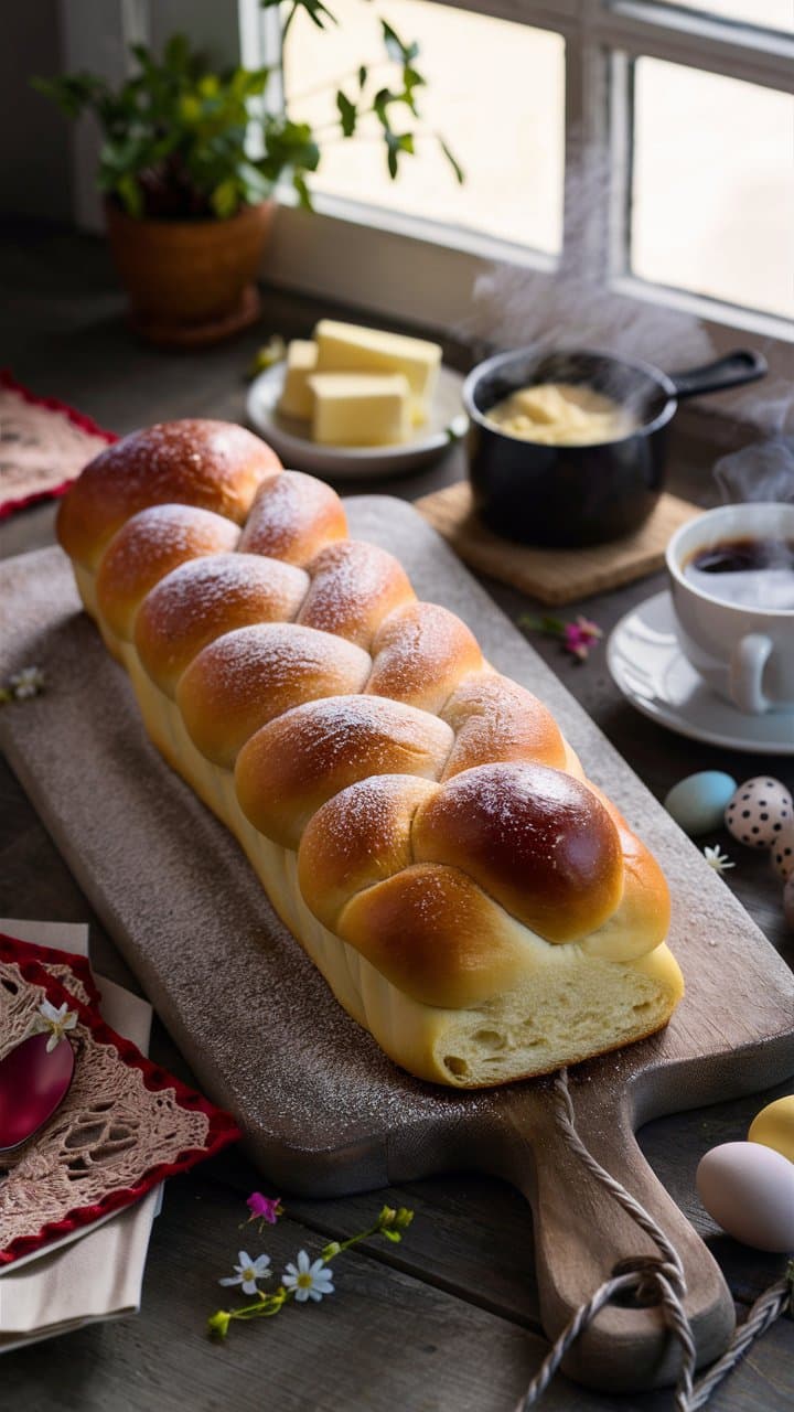 Brioche tressée sur une planche en bois.