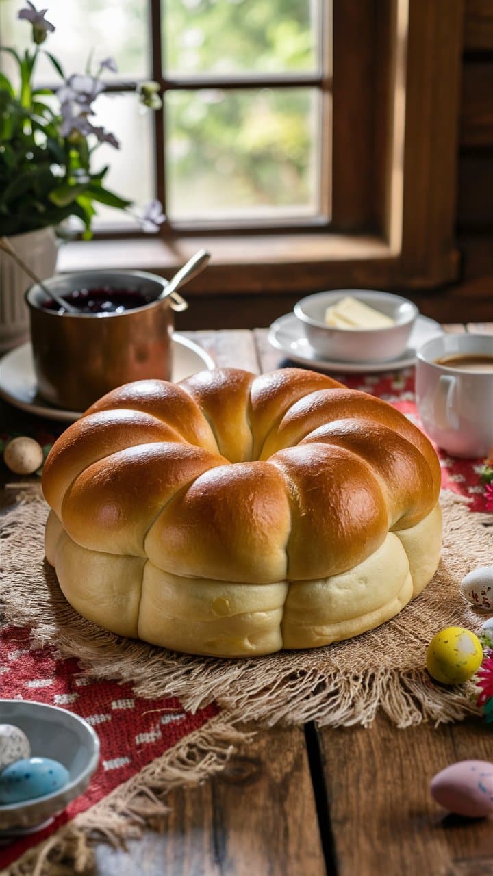 Brioche ronde devant fenêtre, petit déjeuner campagnard.
