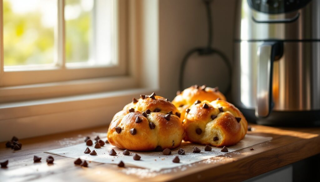Brioche aux pépites de chocolat sur plan de travail.