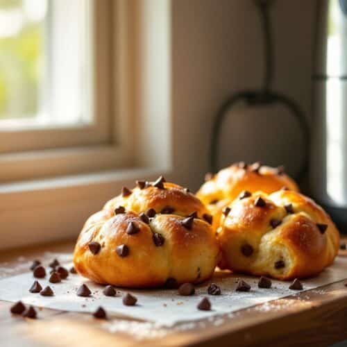 Brioche aux pépites de chocolat sur plan de travail.