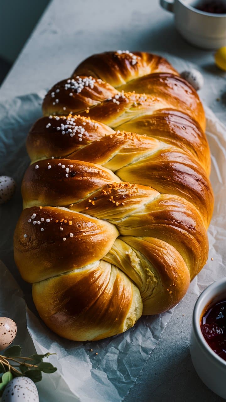 Brioche tressée dorée sur table.