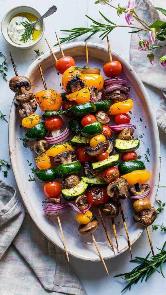 Brochettes de légumes colorées sur assiette.
