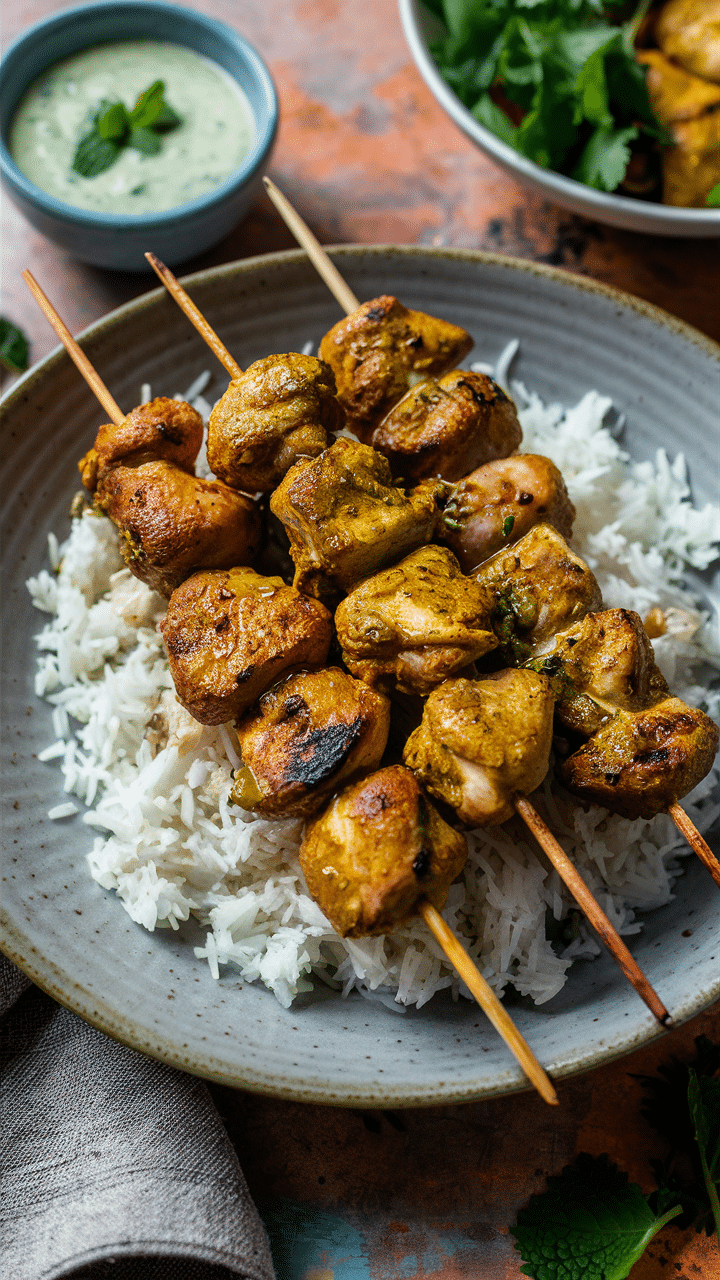 Brochettes de poulet sur riz avec sauce verte.