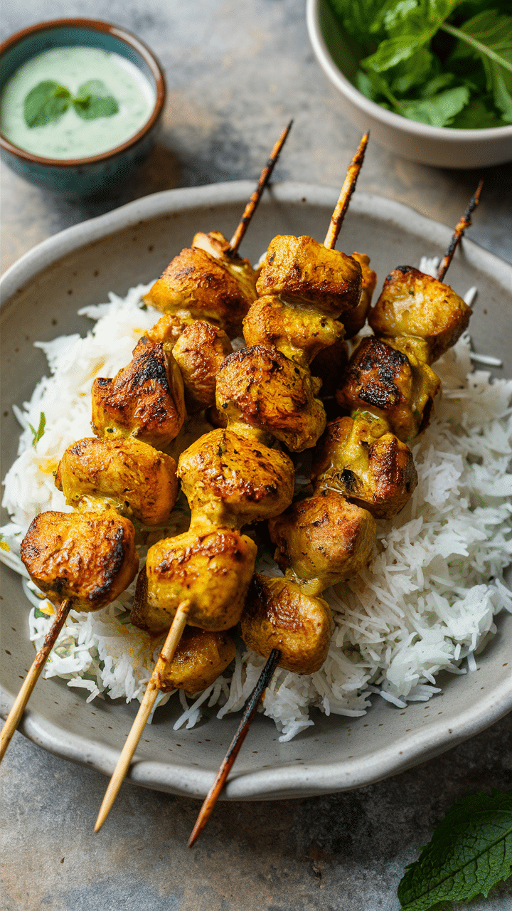Brochettes de poulet avec riz et sauce verte.