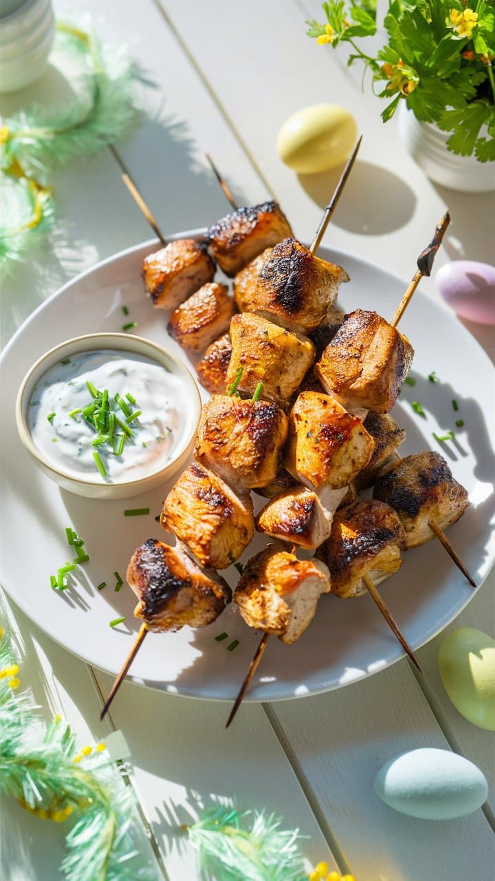 Brochettes de viande grillée avec sauce et ciboulette.