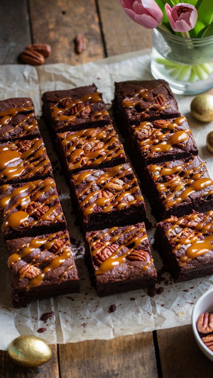 Brownies au caramel et noix de pécan, tulipes roses.