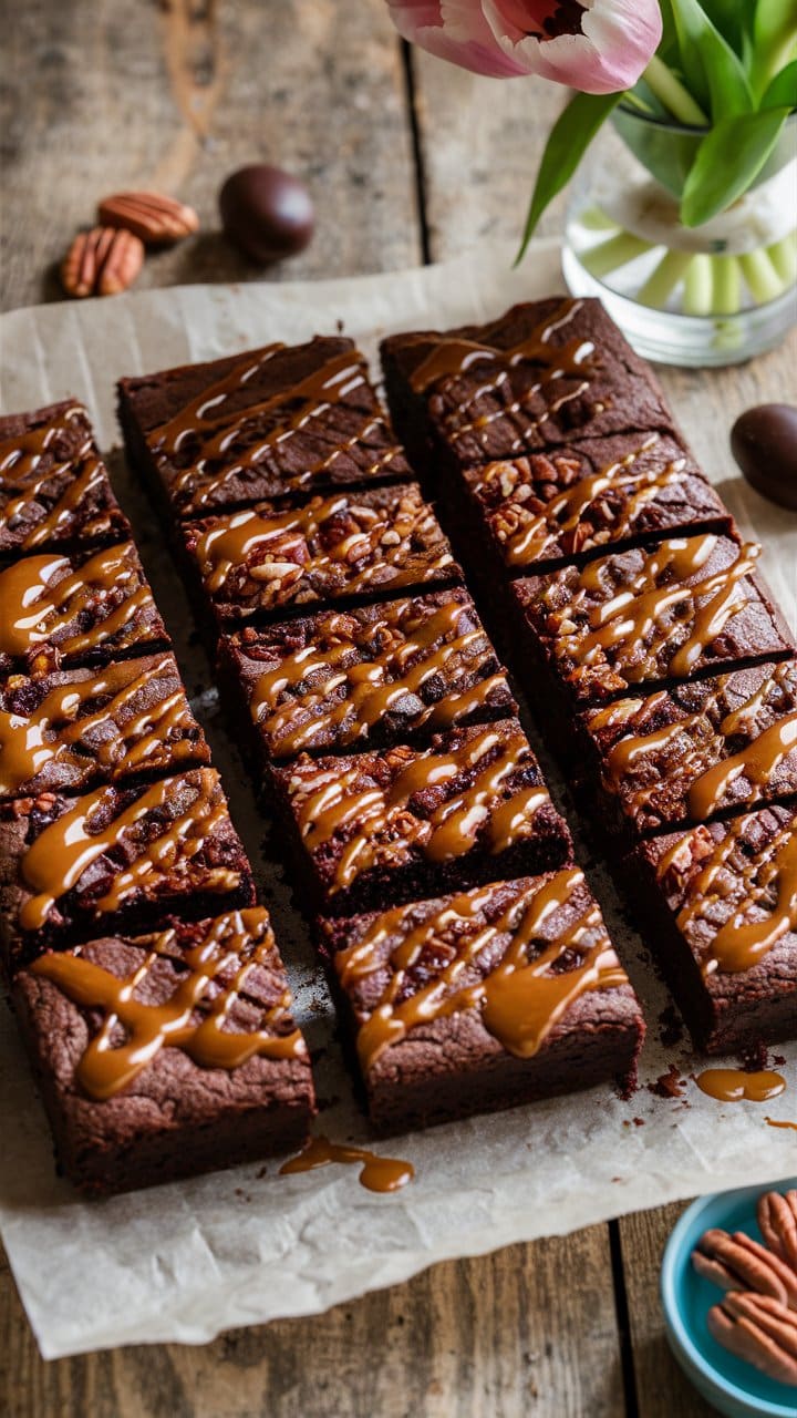Brownies au chocolat avec caramel et noix de pécan.