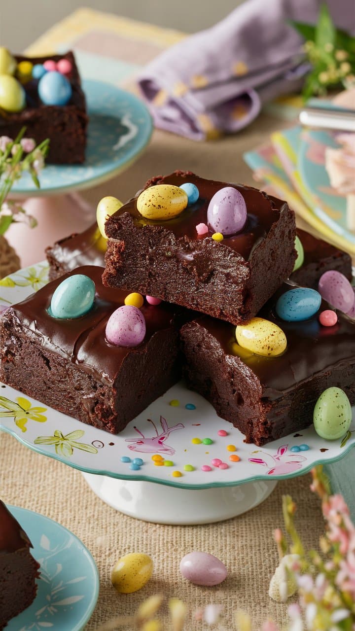 Brownies au chocolat avec œufs de Pâques colorés.