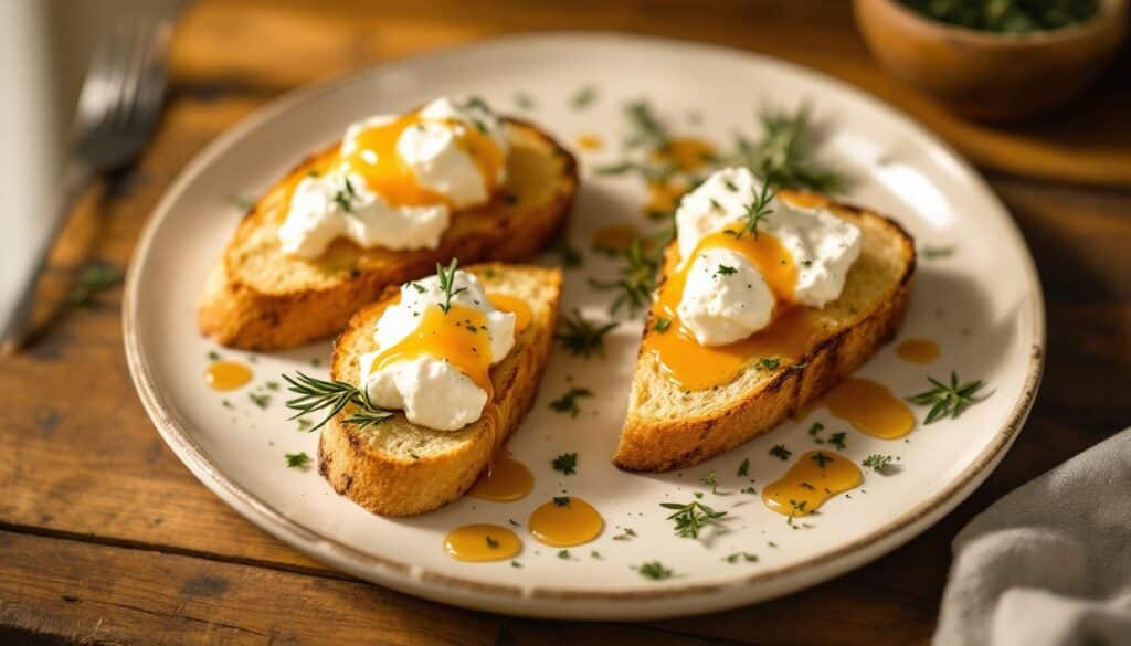 Toasts avec fromage et sauce, garnis d'herbes fraîches.