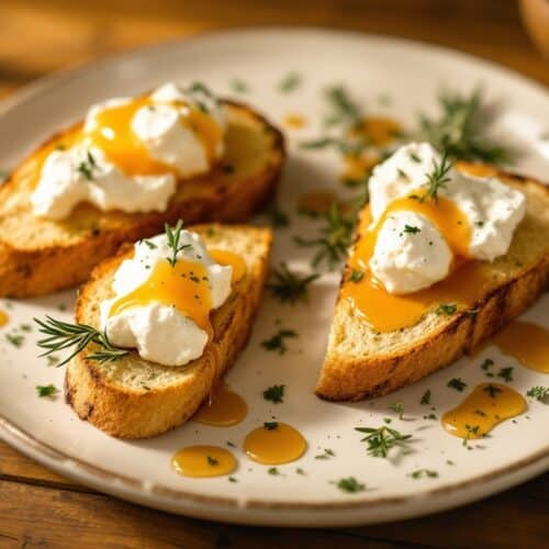 Toasts avec fromage et sauce, garnis d'herbes fraîches.