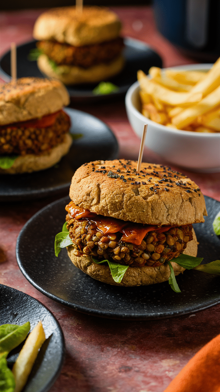 Burgers végétariens aux lentilles et frites.