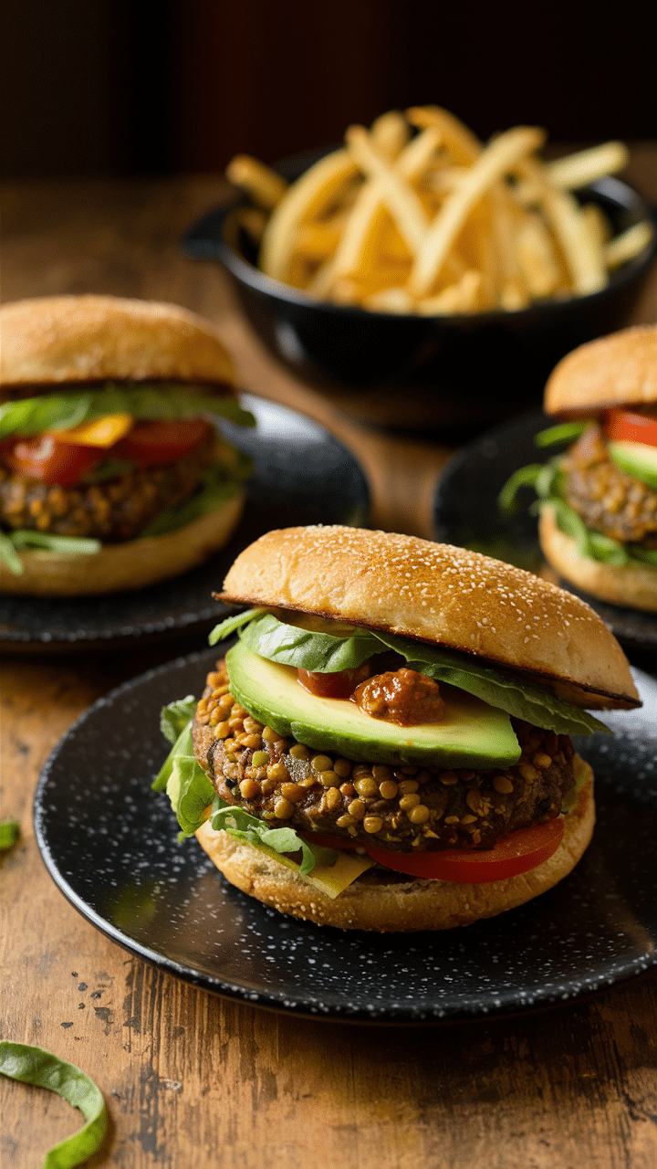 Burgers végétariens avec frites sur table en bois.