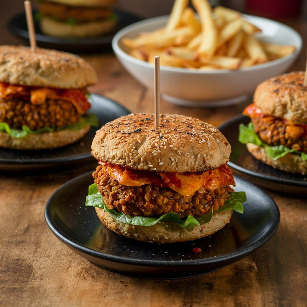 Burgers végétariens avec frites en arrière-plan.