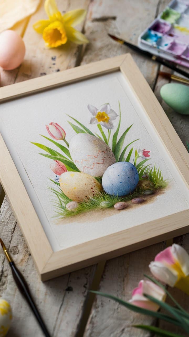 Aquarelle d'œufs de Pâques et fleurs printanières.