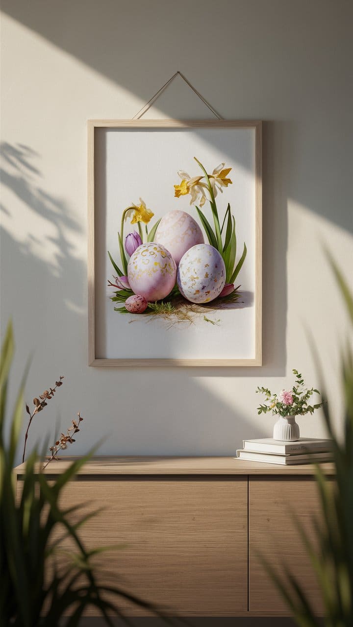 Tableau d'œufs décorés avec fleurs sur étagère.