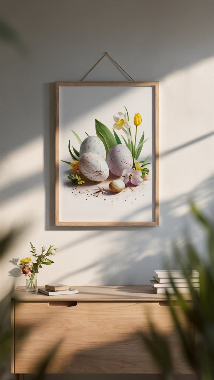 Tableau de fleurs et œufs de Pâques suspendu.