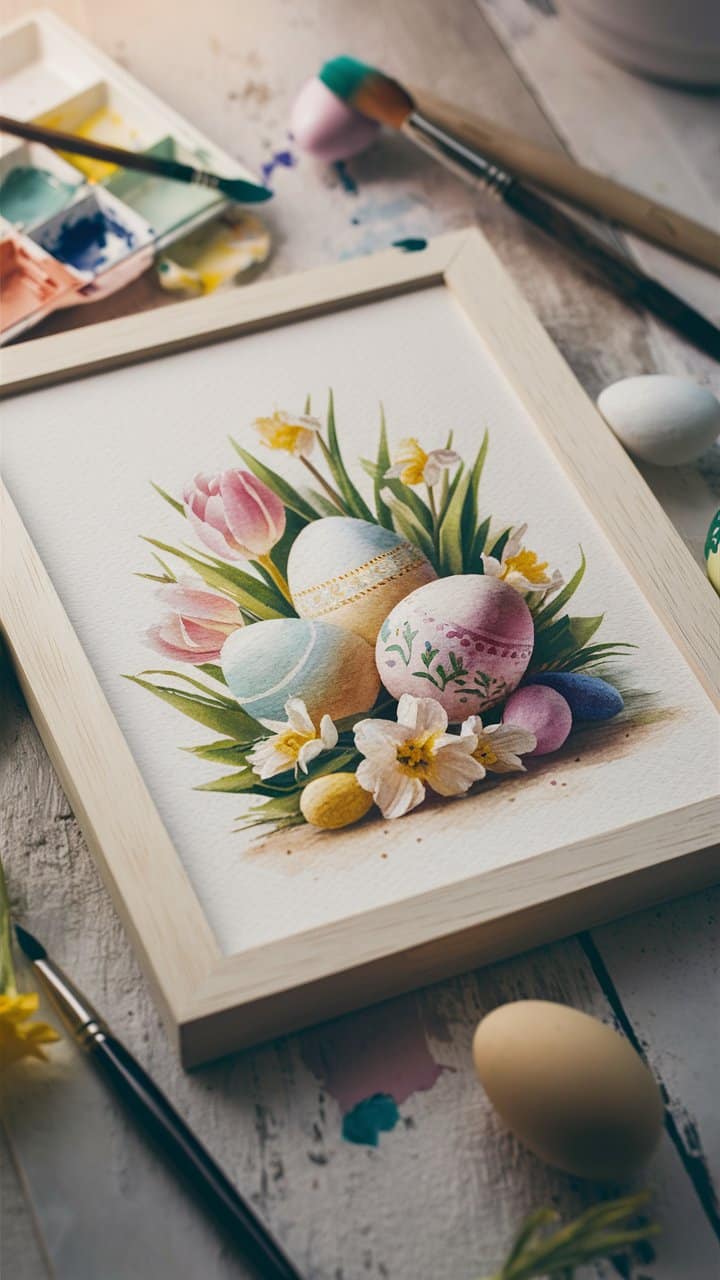 Tableau d'œufs peints avec fleurs.