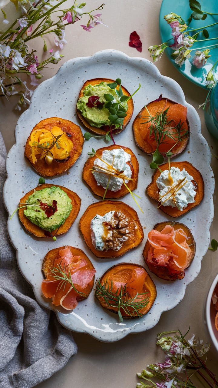 Plateau de toasts variés avec garnitures fraîches.
