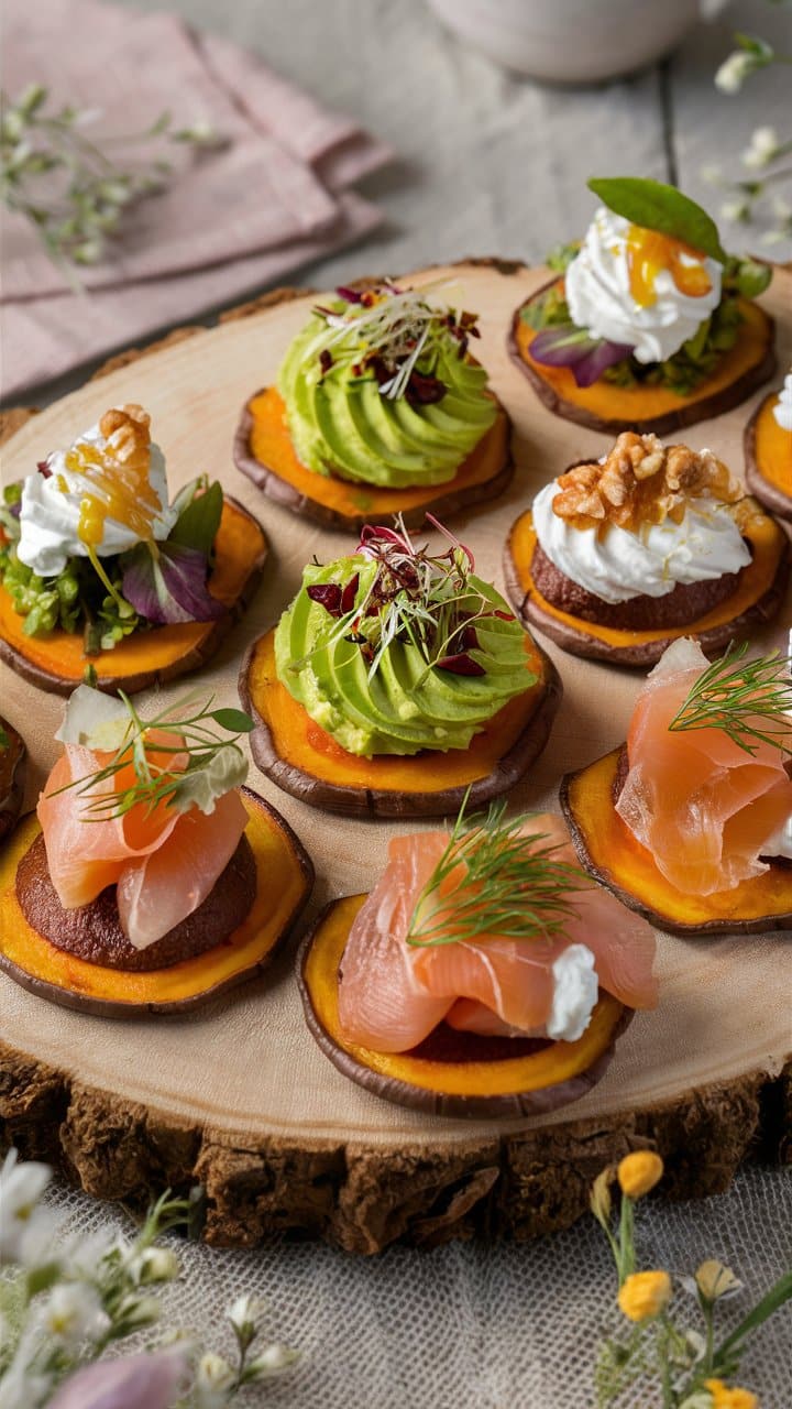 Assiette de toasts avec garnitures variées.