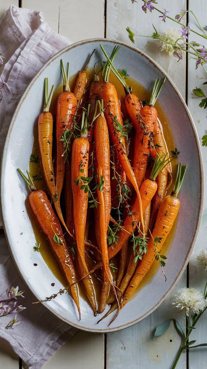 Carottes rôties sur assiette, garnies de herbes fraîches.