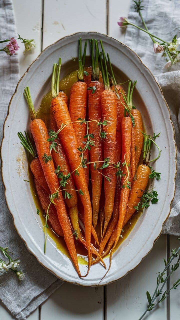 Carottes rôties avec des herbes dans un plat.