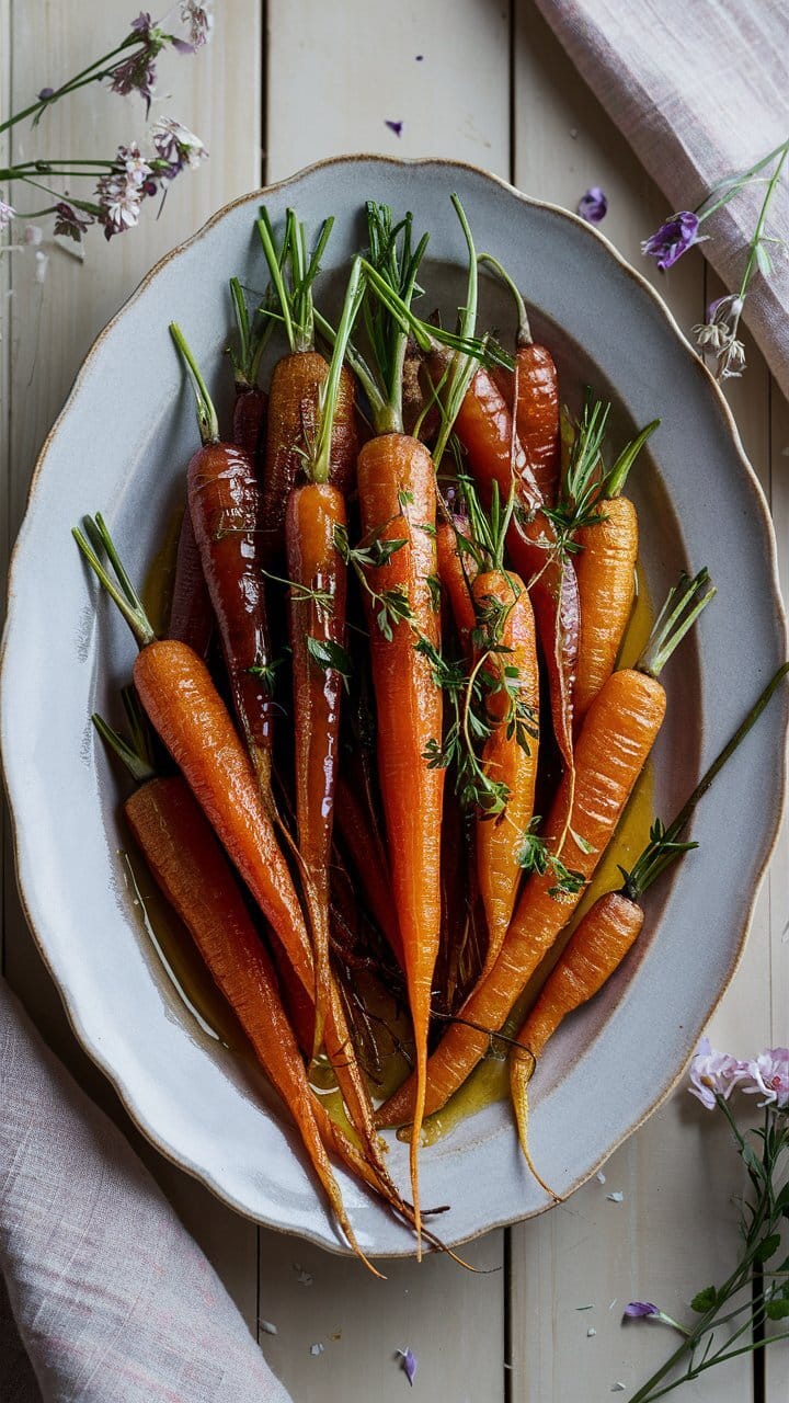 Assiette de carottes au four avec herbes fraîches.