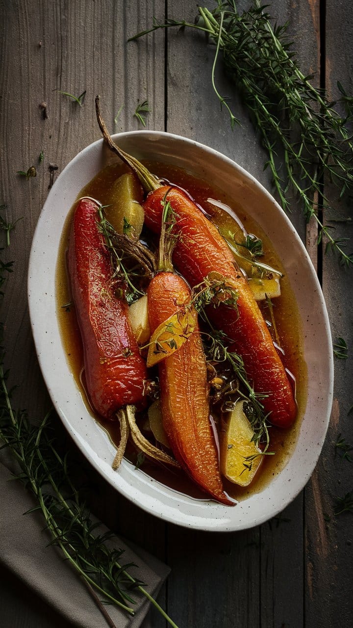 Carottes rôties avec herbes et pommes de terre.