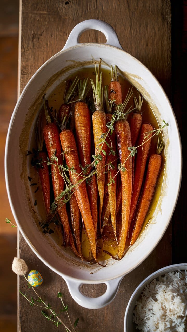 Carottes rôties aux herbes dans un plat.