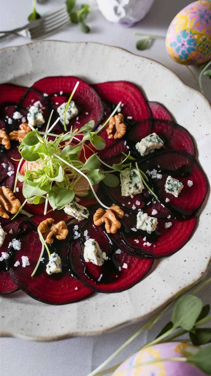 Carpaccio de betterave, noix et fromage bleu.