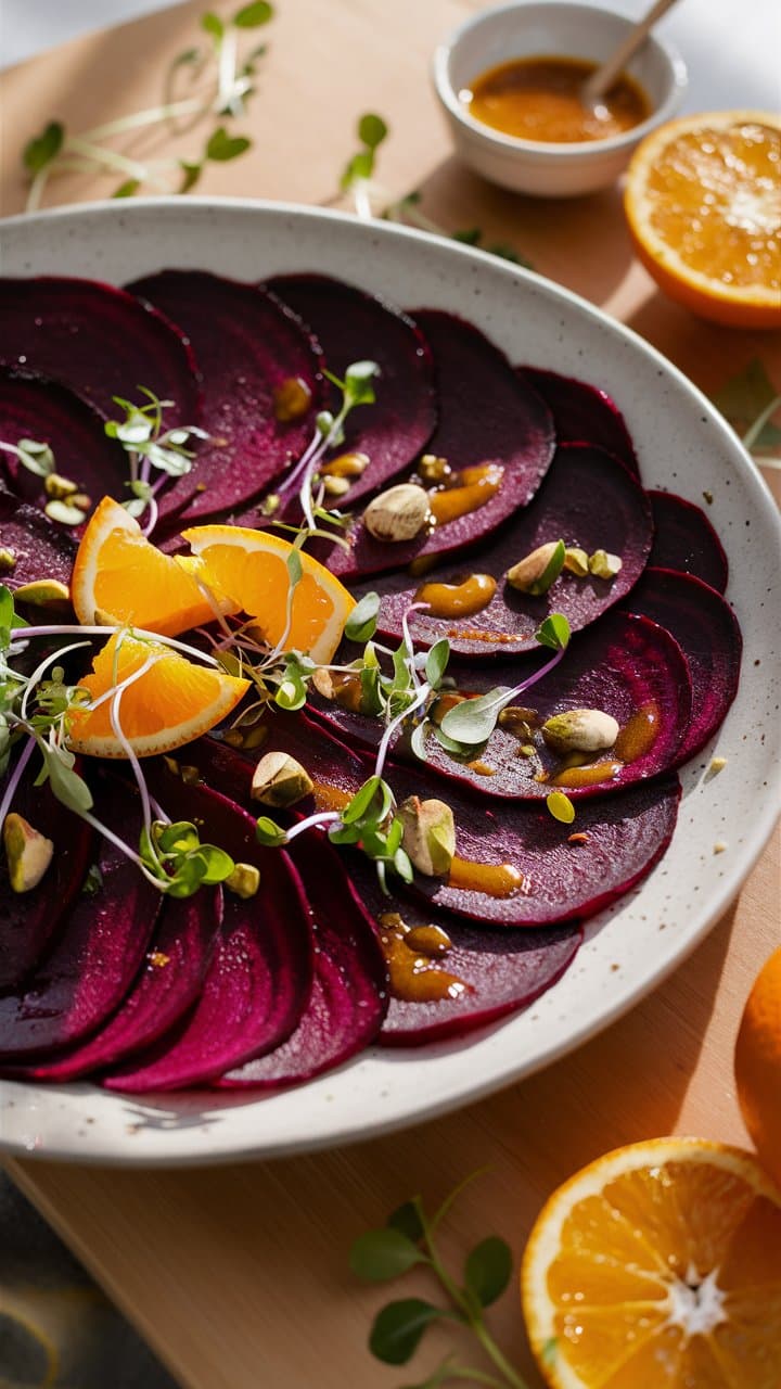 Salade de betteraves et oranges sur assiette.