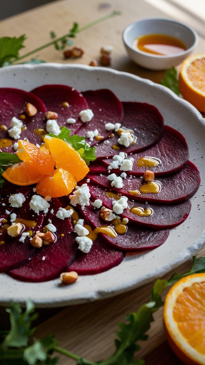 Carpaccio de betterave, orange, chèvre, vinaigre, noisettes.