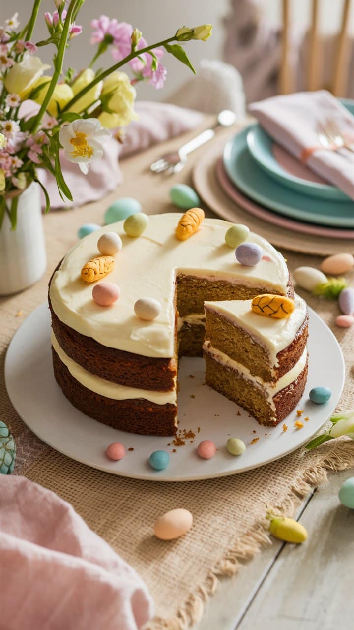 Gâteau décoré avec glaçage et œufs en sucre.