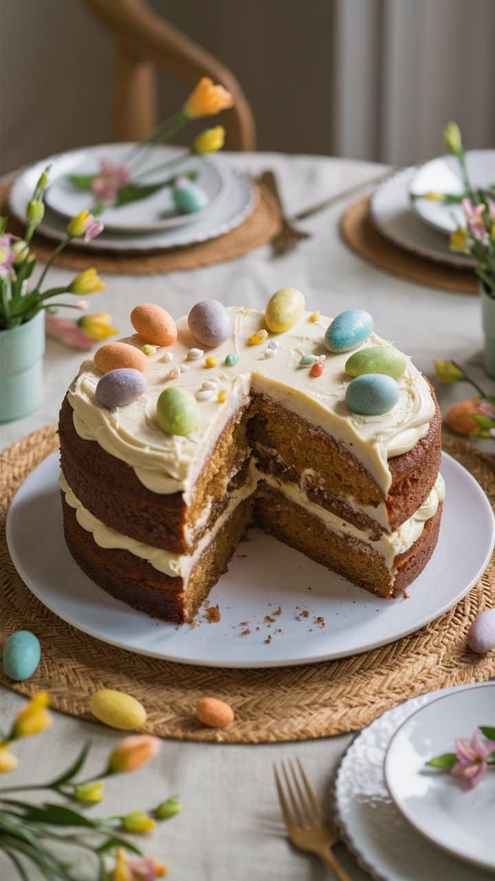 Gâteau de Pâques avec œufs en sucre colorés.