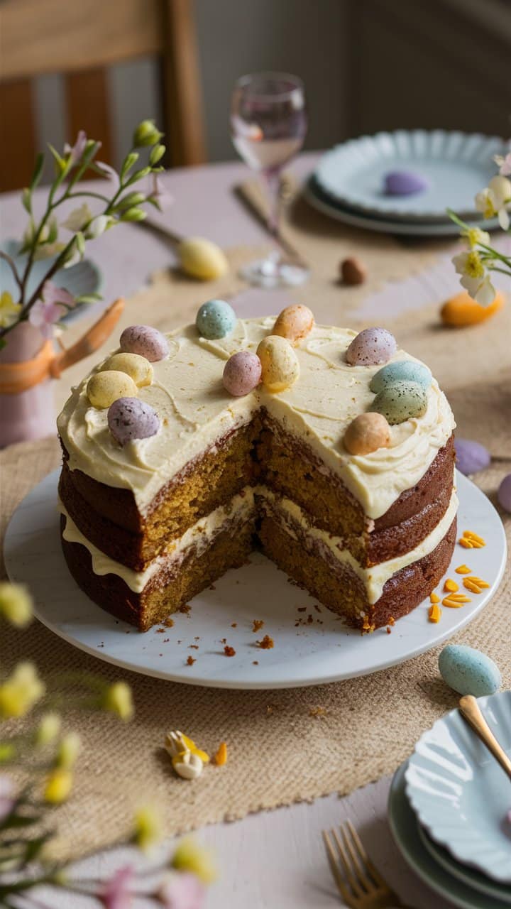 Gâteau de Pâques décoré d'œufs en sucre colorés.