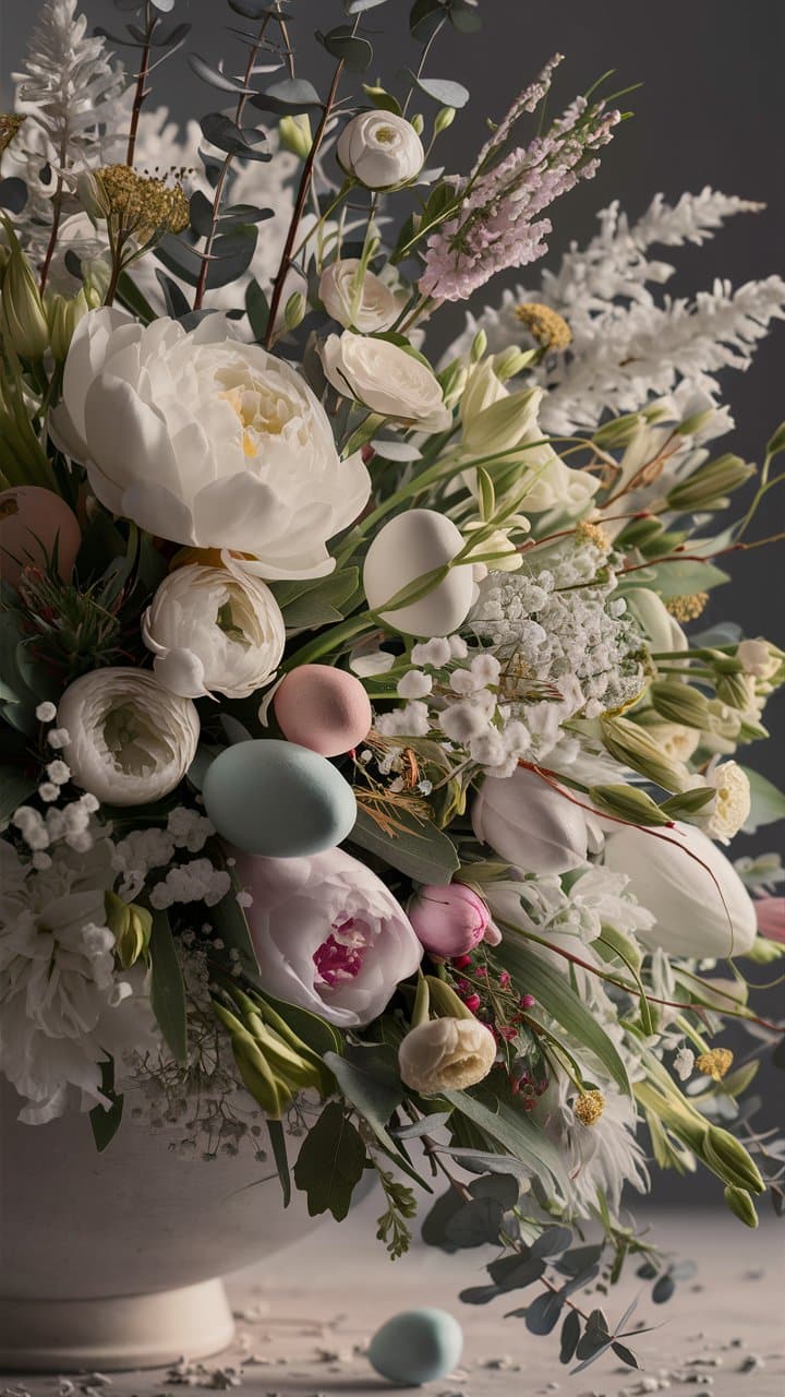 Bouquet de fleurs blanches avec œufs colorés.