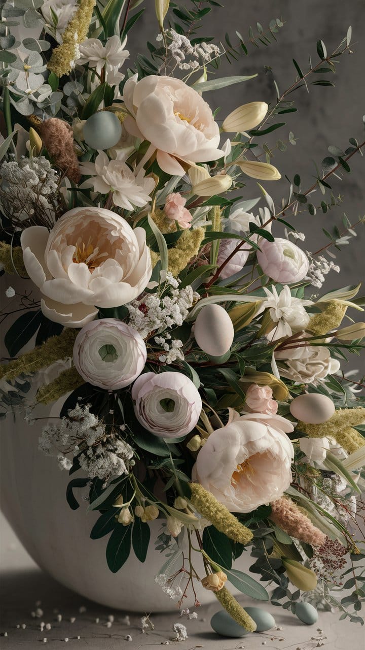 Vase floral avec pivoines blanches et œufs décoratifs.