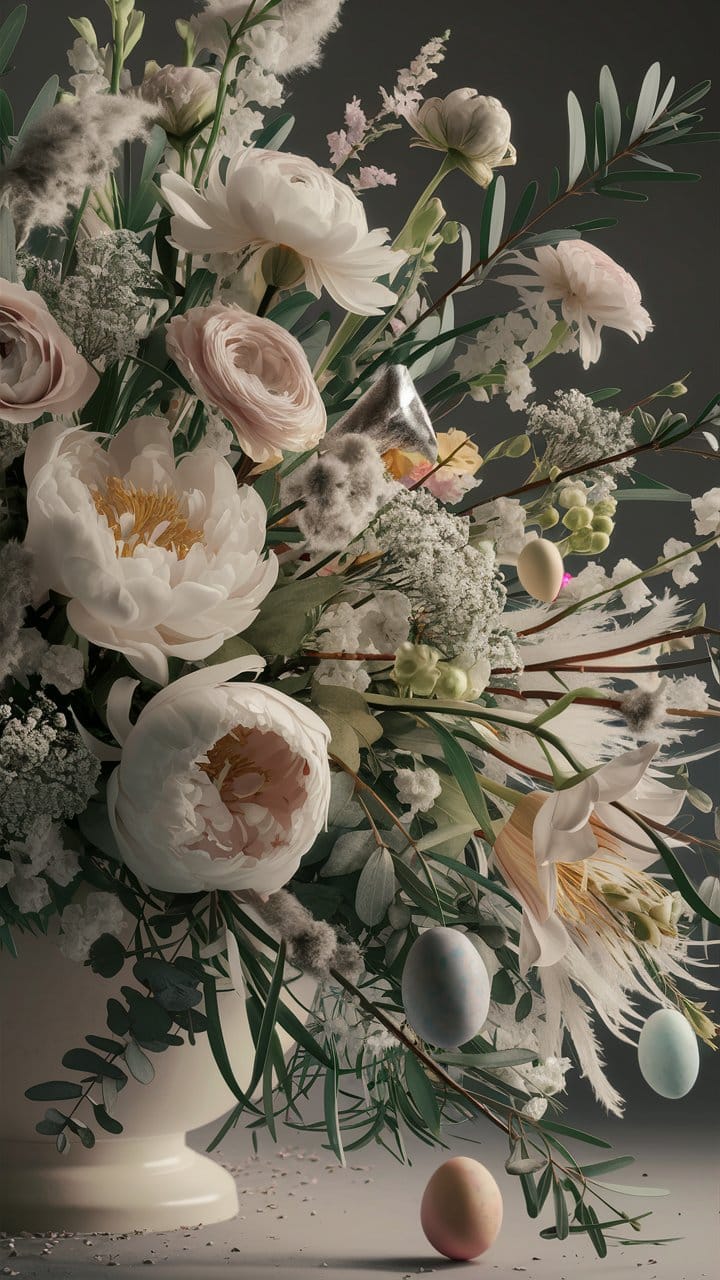 Bouquet de fleurs avec des œufs décoratifs