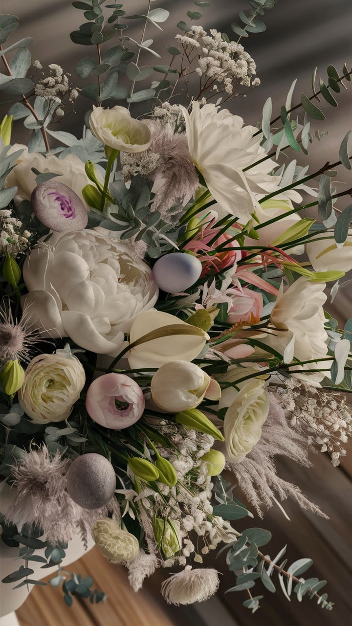 Bouquet floral avec fleurs blanches et vertes.
