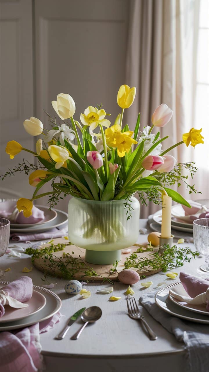 Bouquet de tulipes printanières sur table déco.