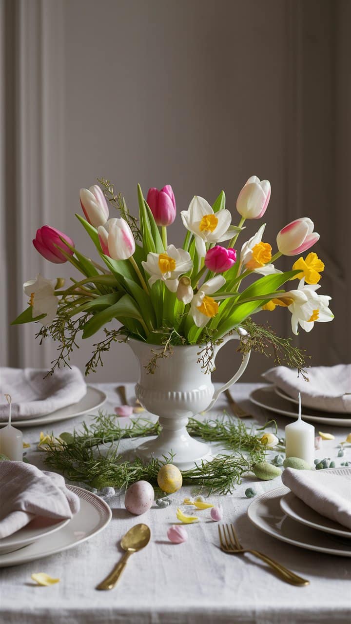 Bouquet printanier avec tulipes et jonquilles sur table.