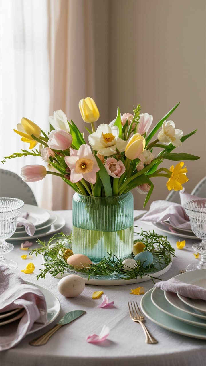 Bouquet printanier avec tulipes et jonquilles sur table dressée.