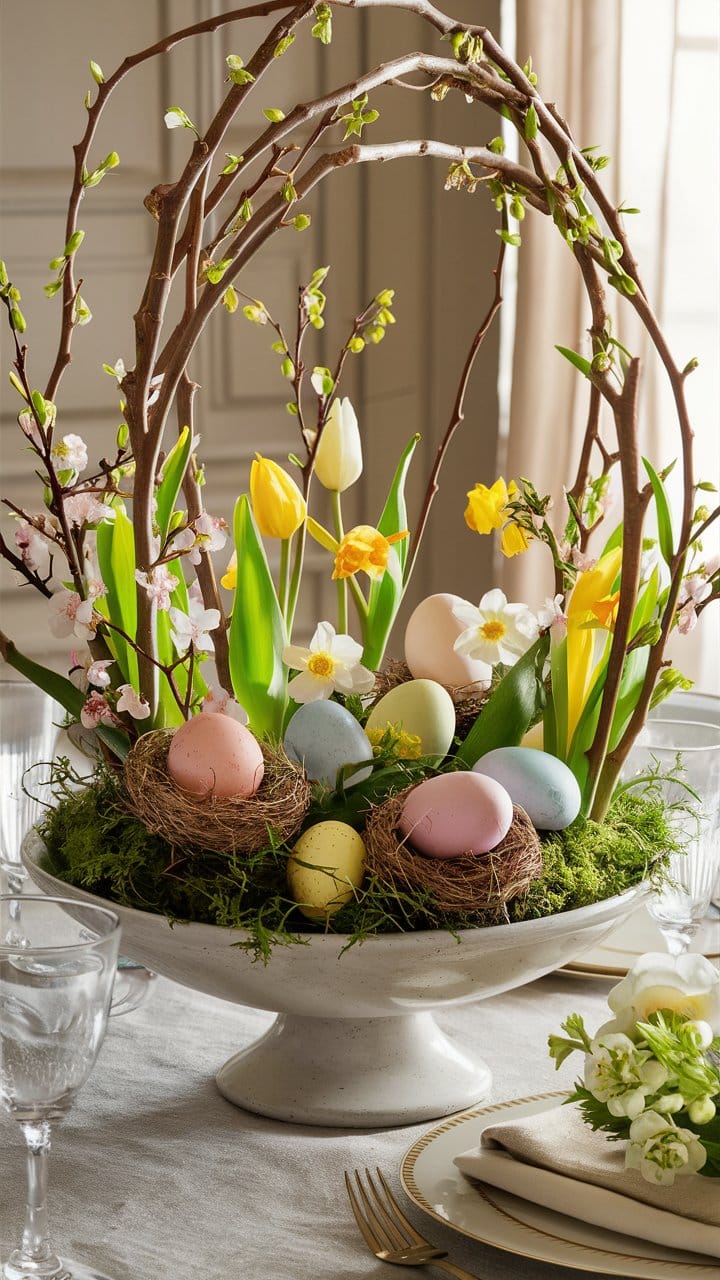 Centre de table avec œufs et fleurs printanières.