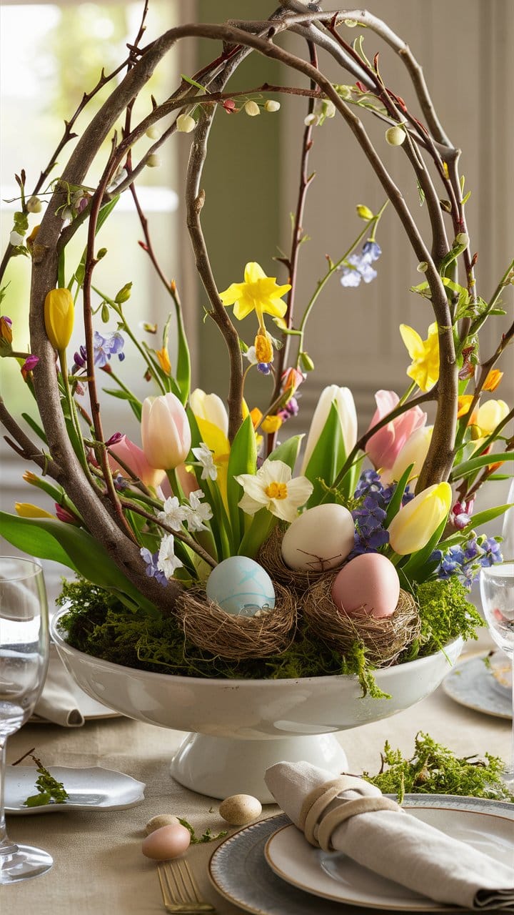 Arrangement floral avec œufs de Pâques.