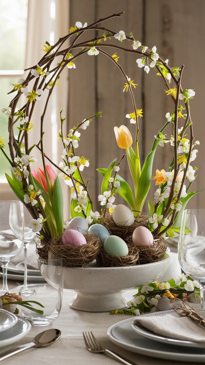 Centre de table avec fleurs et œufs colorés.