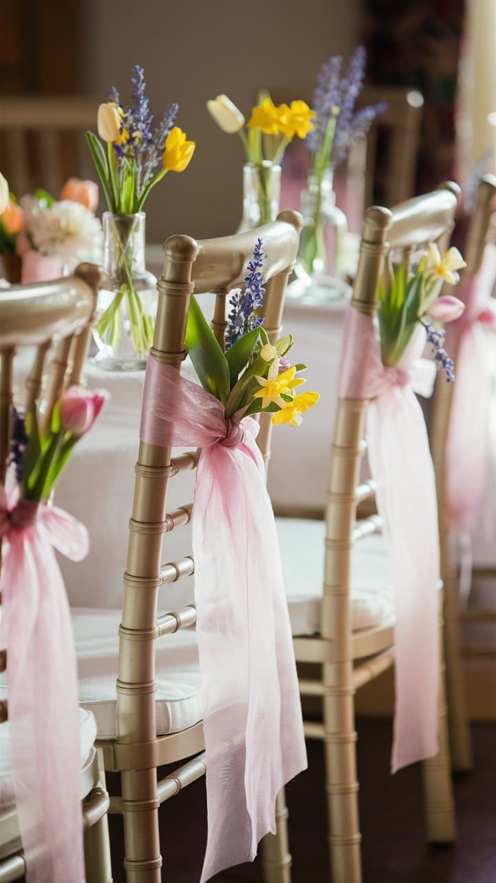 Chaises décorées avec rubans roses et fleurs printanières.