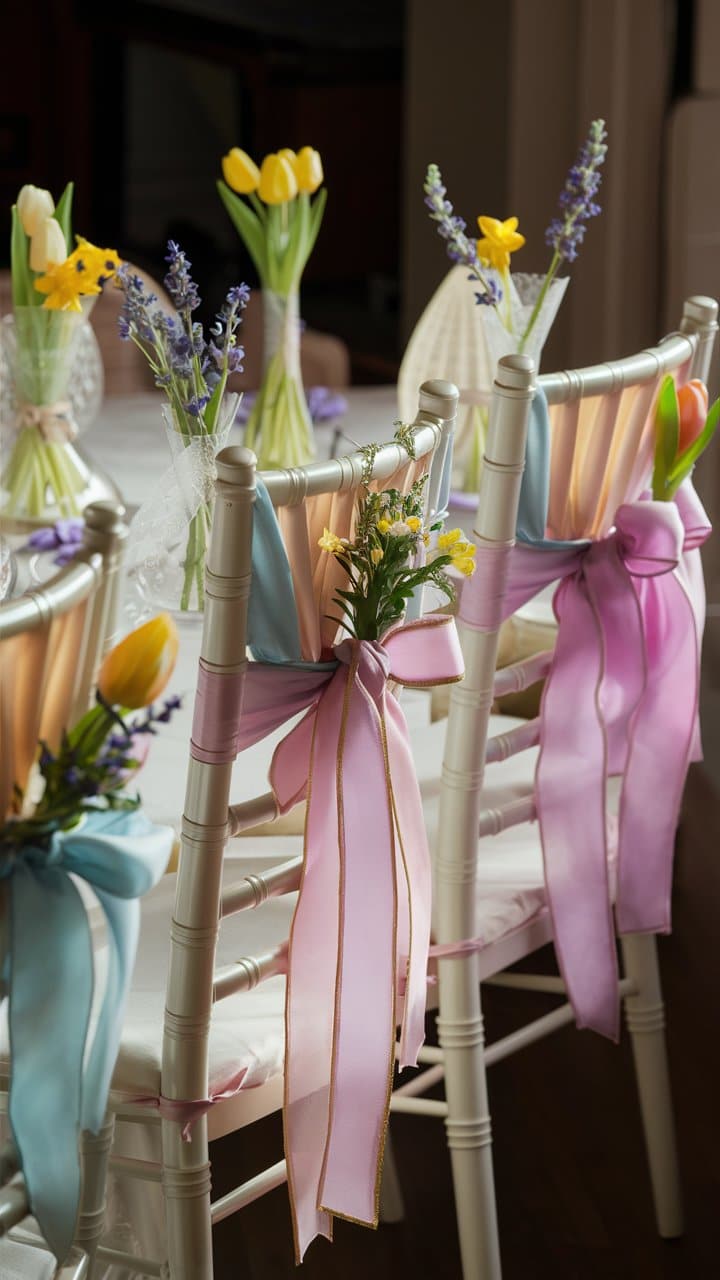 Chaises décorées de rubans et fleurs colorées.