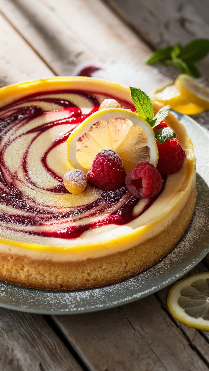 Cheesecake citron framboise avec décorations fruitées.