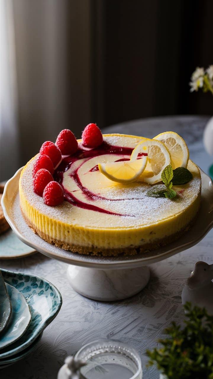 Cheesecake au citron avec framboises fraîches.
